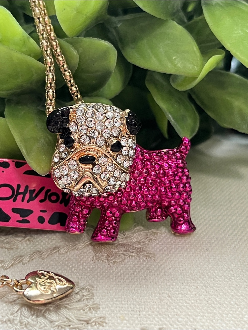 Betsey Johnson Pink Crystal Bulldog Pendant Necklace on Gold-Tone Chain
